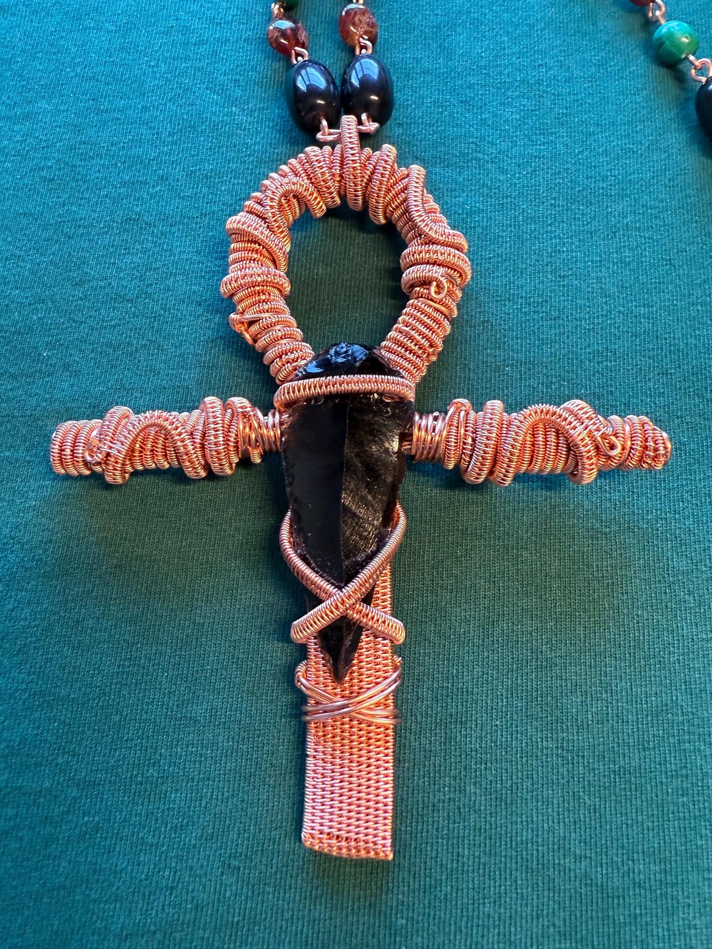 Handmade Copper Wire Ankh with Obsidian on Malachite, Garnet, and Obsidian Chain