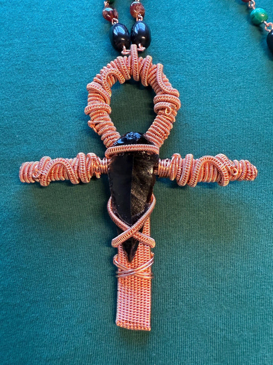 Handmade Copper Wire Ankh with Obsidian on Malachite, Garnet, and Obsidian Chain