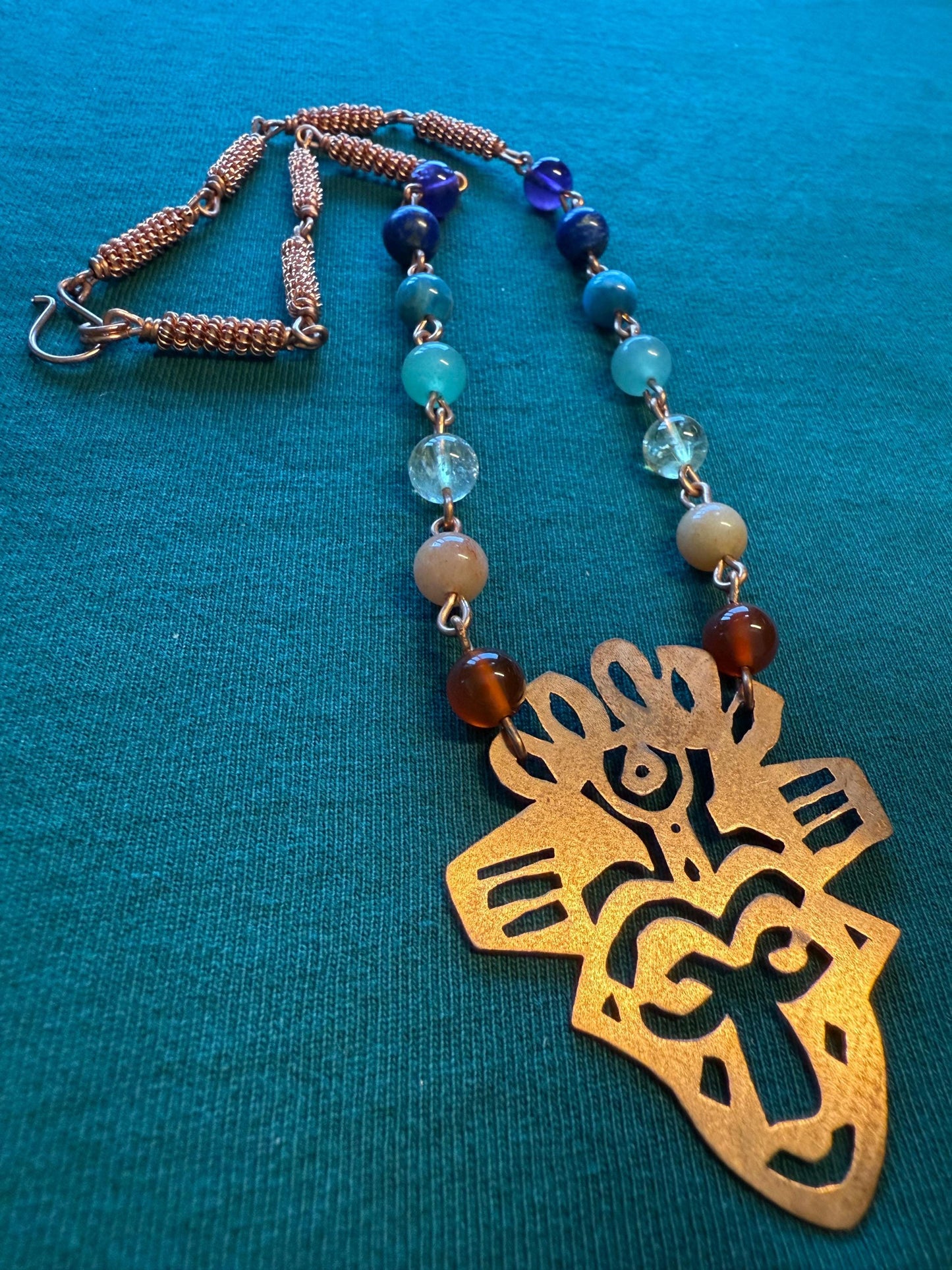 Hand-Cut Copper Mask with Chakra Bead Necklace