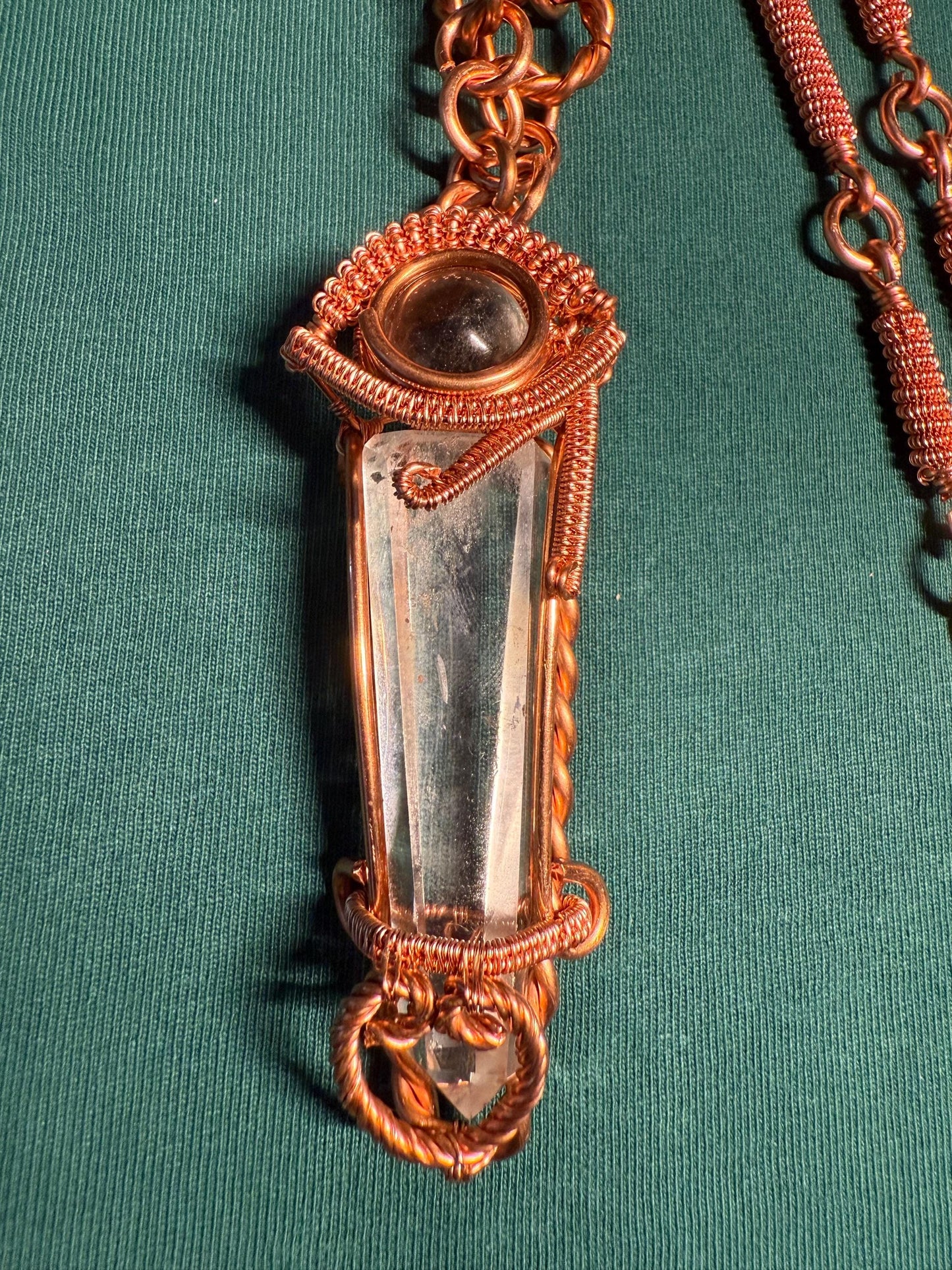 Copper Wire Wrapped Quartz Point Necklace: Eye of Ra Amulet