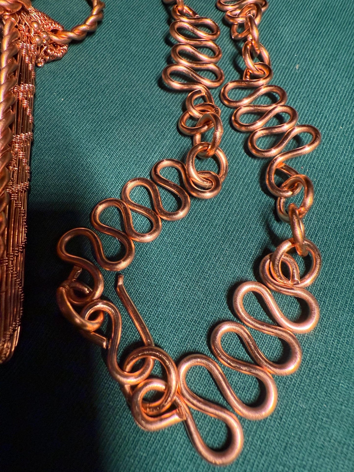 Handmade Copper Wire Wrapped Shungite Pendant with Amber Eye of Horus on Copper Chain