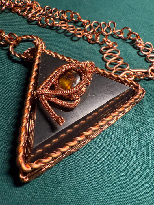Handmade Copper Wire Wrapped Shungite Pendant with Amber Eye of Horus on Copper Chain