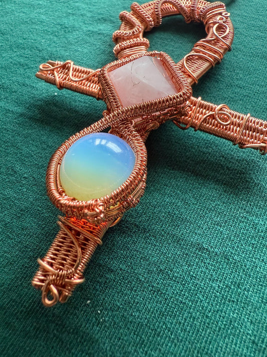 Handmade Copper Wire Wrapped Ankh with Rose Quartz Pyramid & Opalite Sphere on Copper Chain