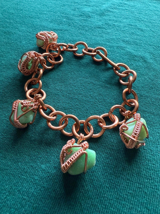 Handmade Copper Wire Wrapped Chrysanthemum Stone Charm Bracelet