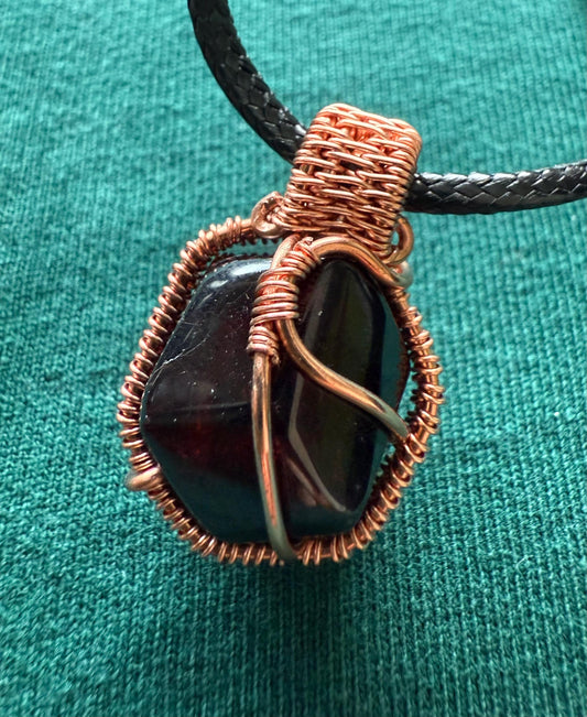 Handmade Copper Wire Wrapped Almandine Garnet Pendant on Cord Necklace