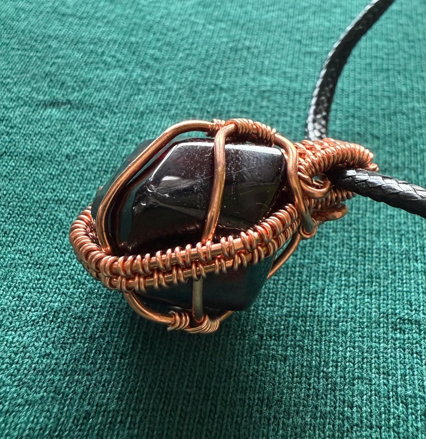 Handmade Copper Wire Wrapped Almandine Garnet Pendant on Cord Necklace