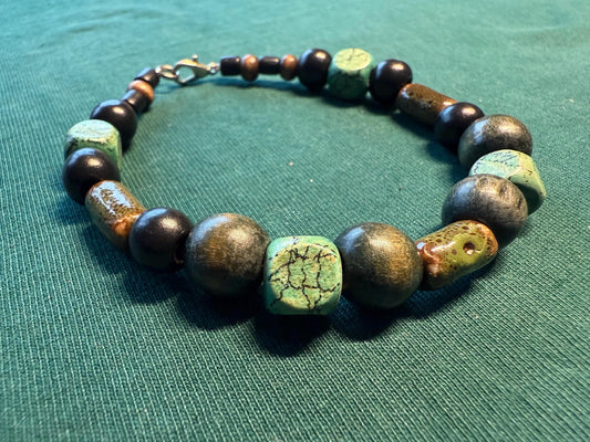 Mixed Wood Bead and Porcelain Bracelet