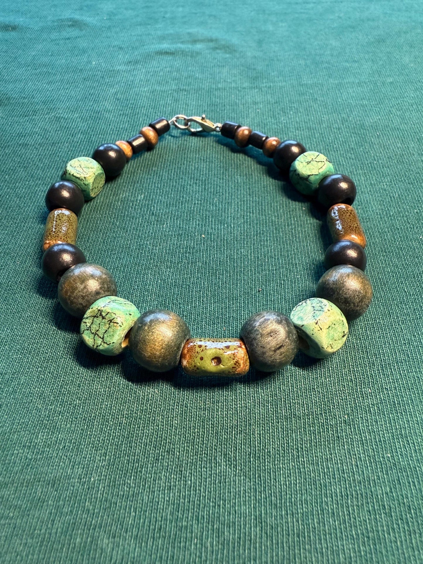 Mixed Wood Bead and Porcelain Bracelet