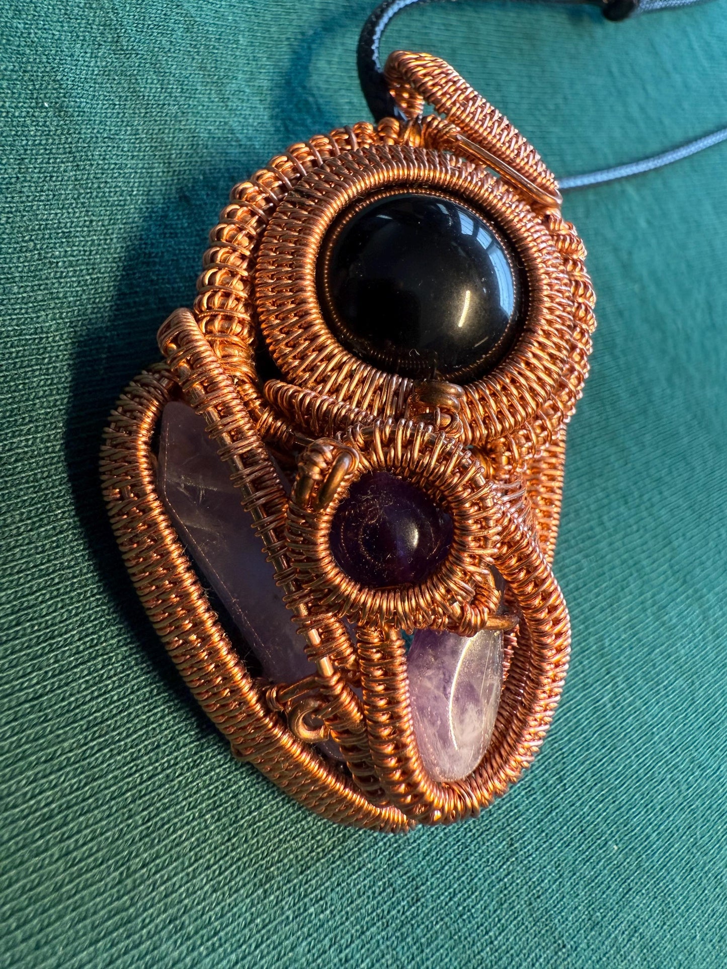 Gold Sheen Obsidian and Amethyst Power Copper Wire Wrapped Pendant (includes free cord necklace)