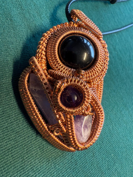 Gold Sheen Obsidian and Amethyst Power Copper Wire Wrapped Pendant (includes free cord necklace)