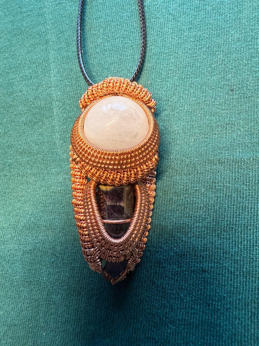 Handmade Wire Wrapped Quartz Crystal Ball & Amethyst Point Pendant on Cord Necklace