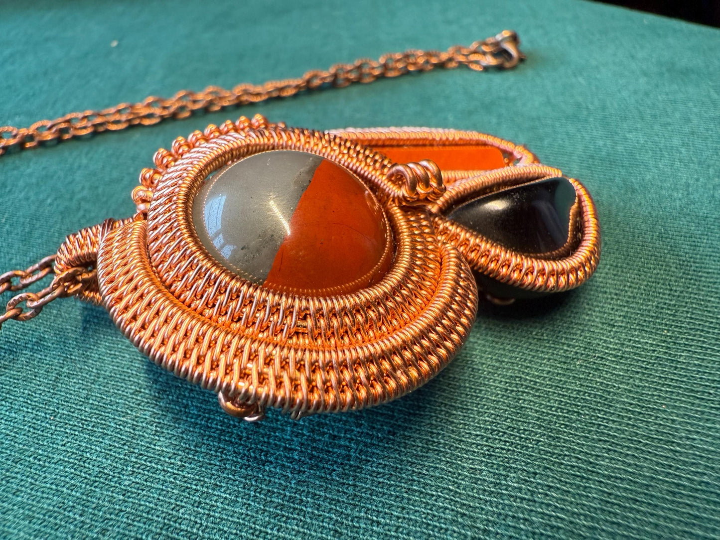 Handmade Copper Wire Wrapped Red Agate & Onyx Pendant –  on Copper Chain Necklace