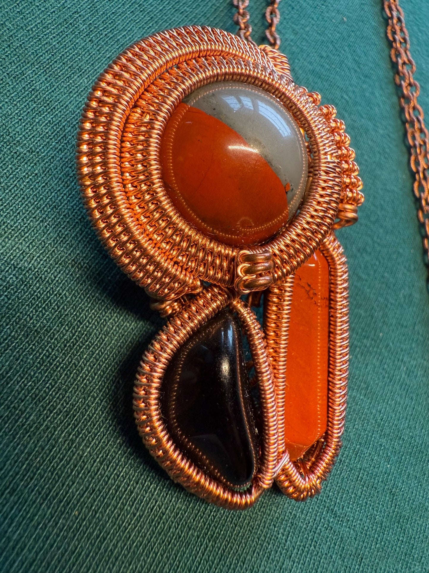 Handmade Copper Wire Wrapped Red Agate & Onyx Pendant –  on Copper Chain Necklace