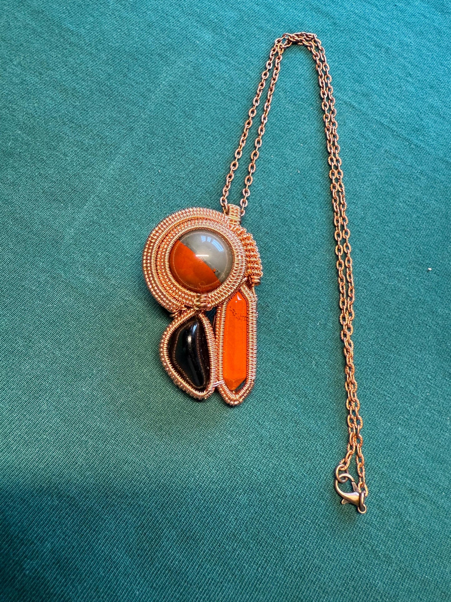 Handmade Copper Wire Wrapped Red Agate & Onyx Pendant –  on Copper Chain Necklace