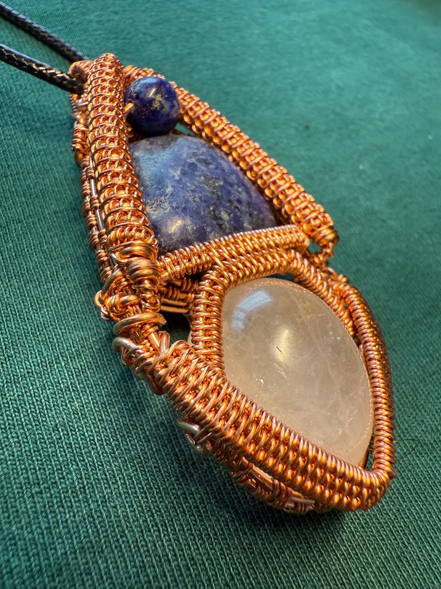 Handmade Copper Wire Wrapped Sodalite & Quartz Pendant on Cord Necklace
