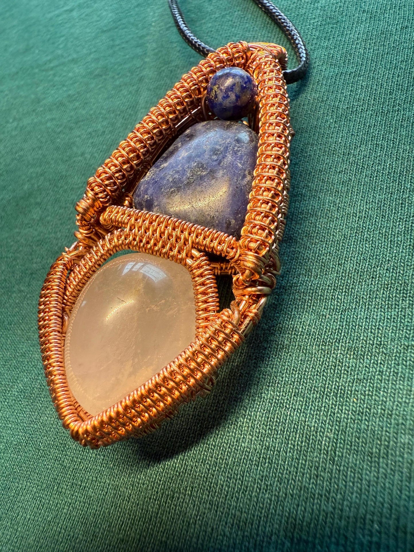 Handmade Copper Wire Wrapped Sodalite & Quartz Pendant on Cord Necklace
