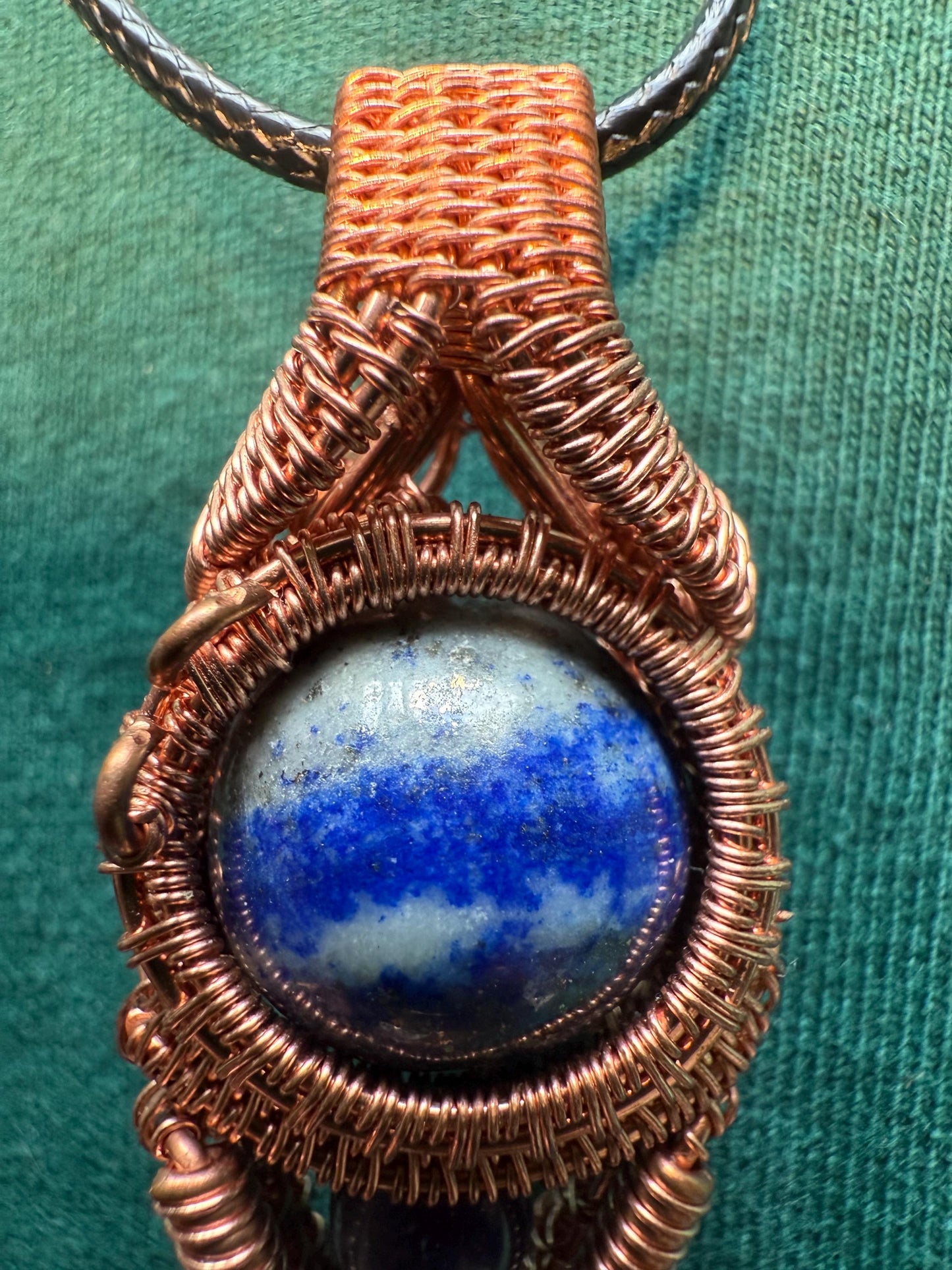 Handmade Copper Wire Wrapped Sodalite & Amethyst Pendant on Cord Necklace