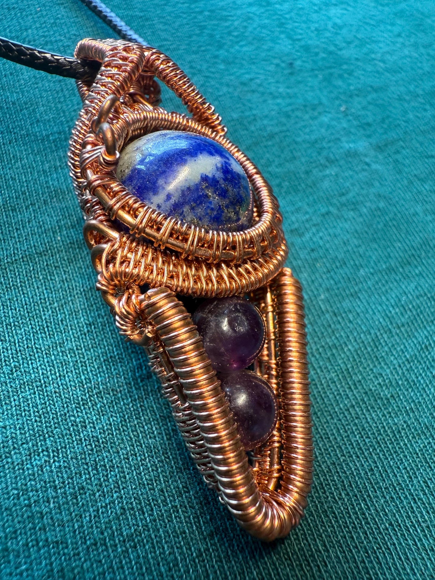 Handmade Copper Wire Wrapped Sodalite & Amethyst Pendant on Cord Necklace