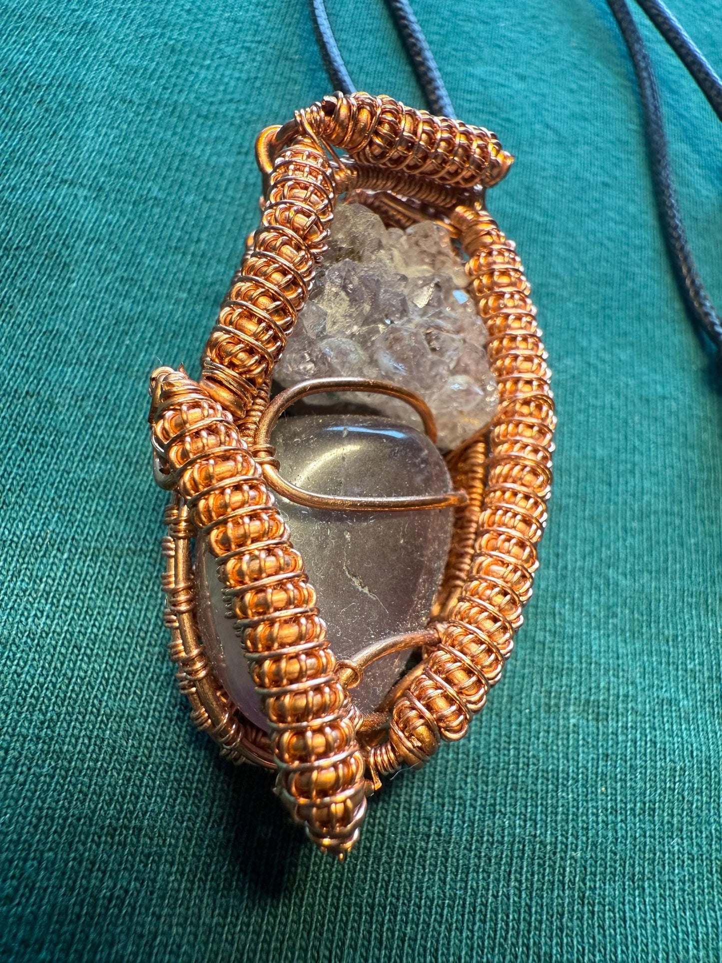 Handmade Copper Wire Wrapped Amethyst Pendant on Cord Necklace