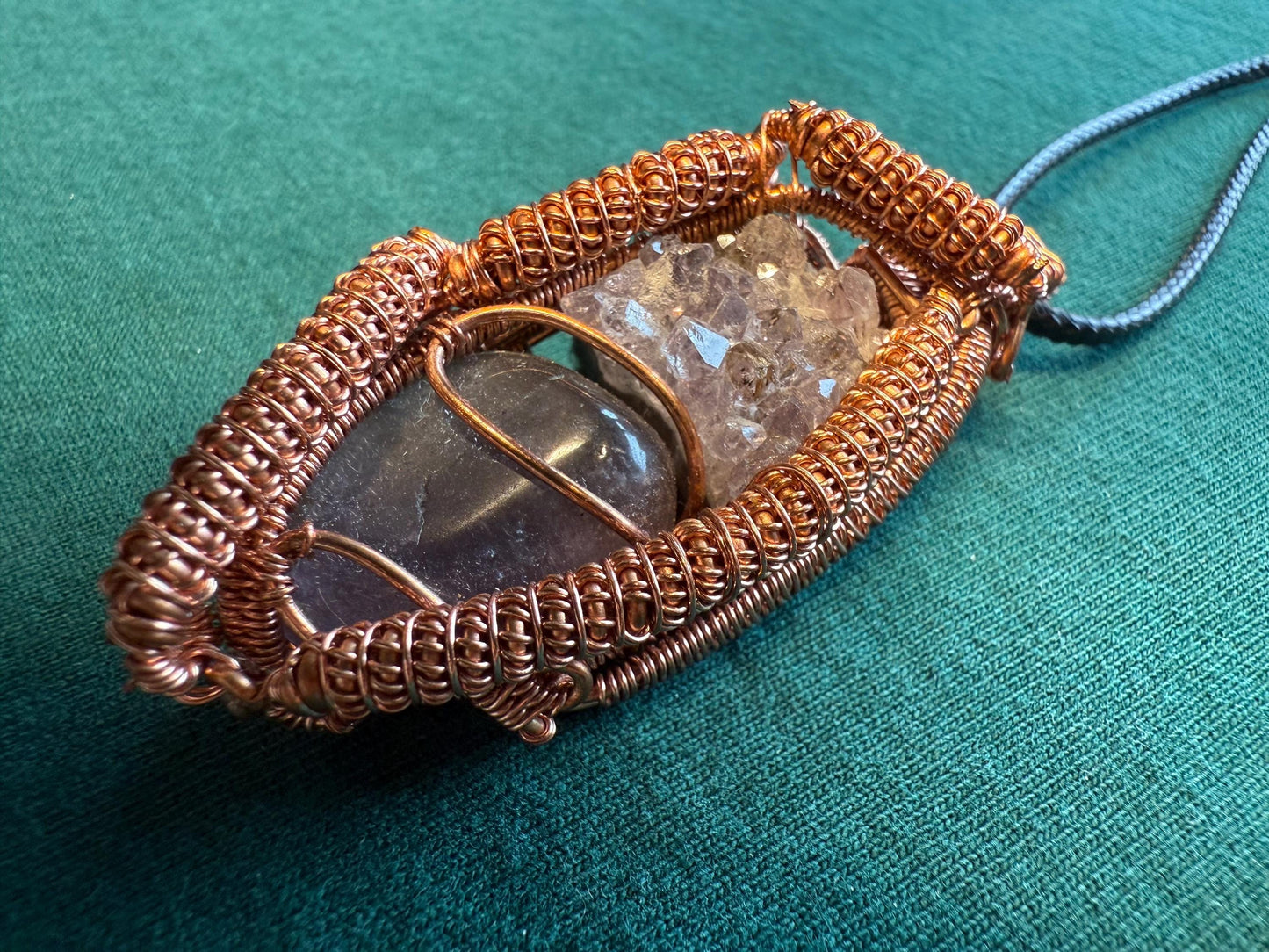 Handmade Copper Wire Wrapped Amethyst Pendant on Cord Necklace