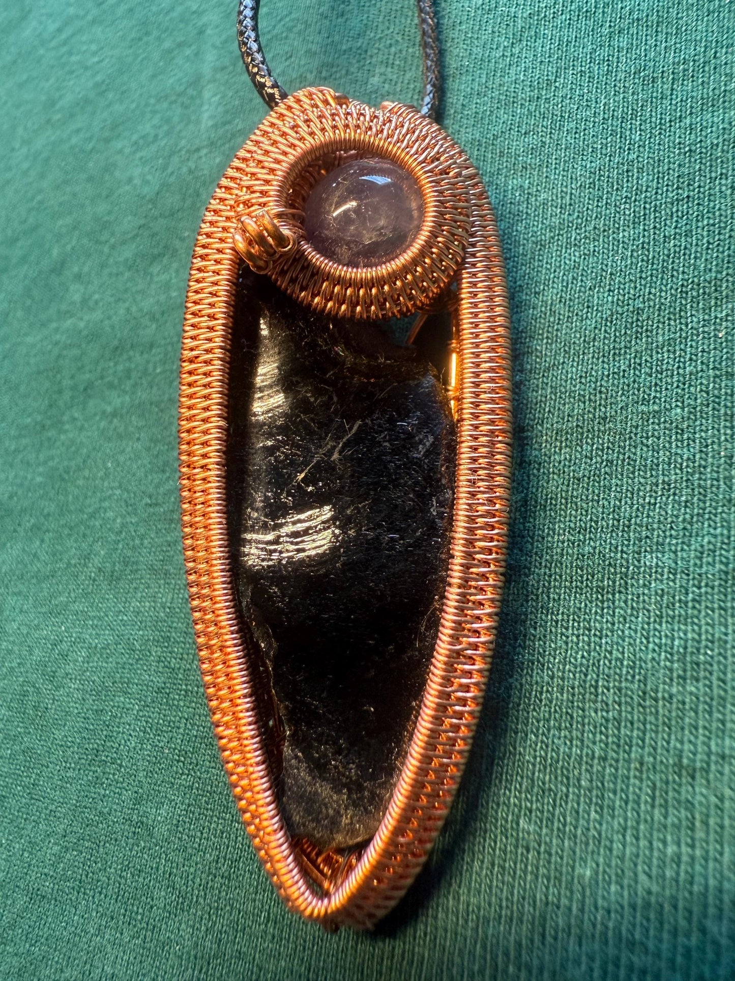 Handmade Copper Wire Wrapped Obsidian & Amethyst Pendant on Cord Necklace