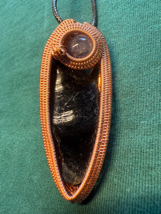 Handmade Copper Wire Wrapped Obsidian & Amethyst Pendant on Cord Necklace
