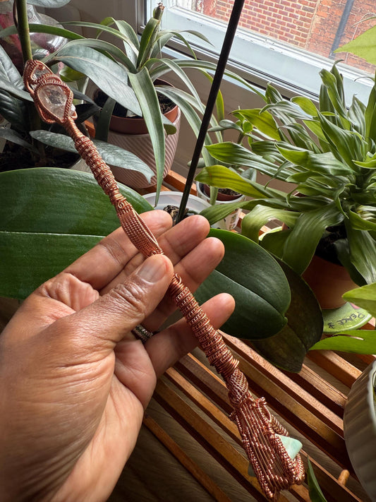 Handmade Quartz Pointed Copper Wire Wrapped Wand/Spinner with Blue Aragonite Pyramid & Mini Crystal Ball