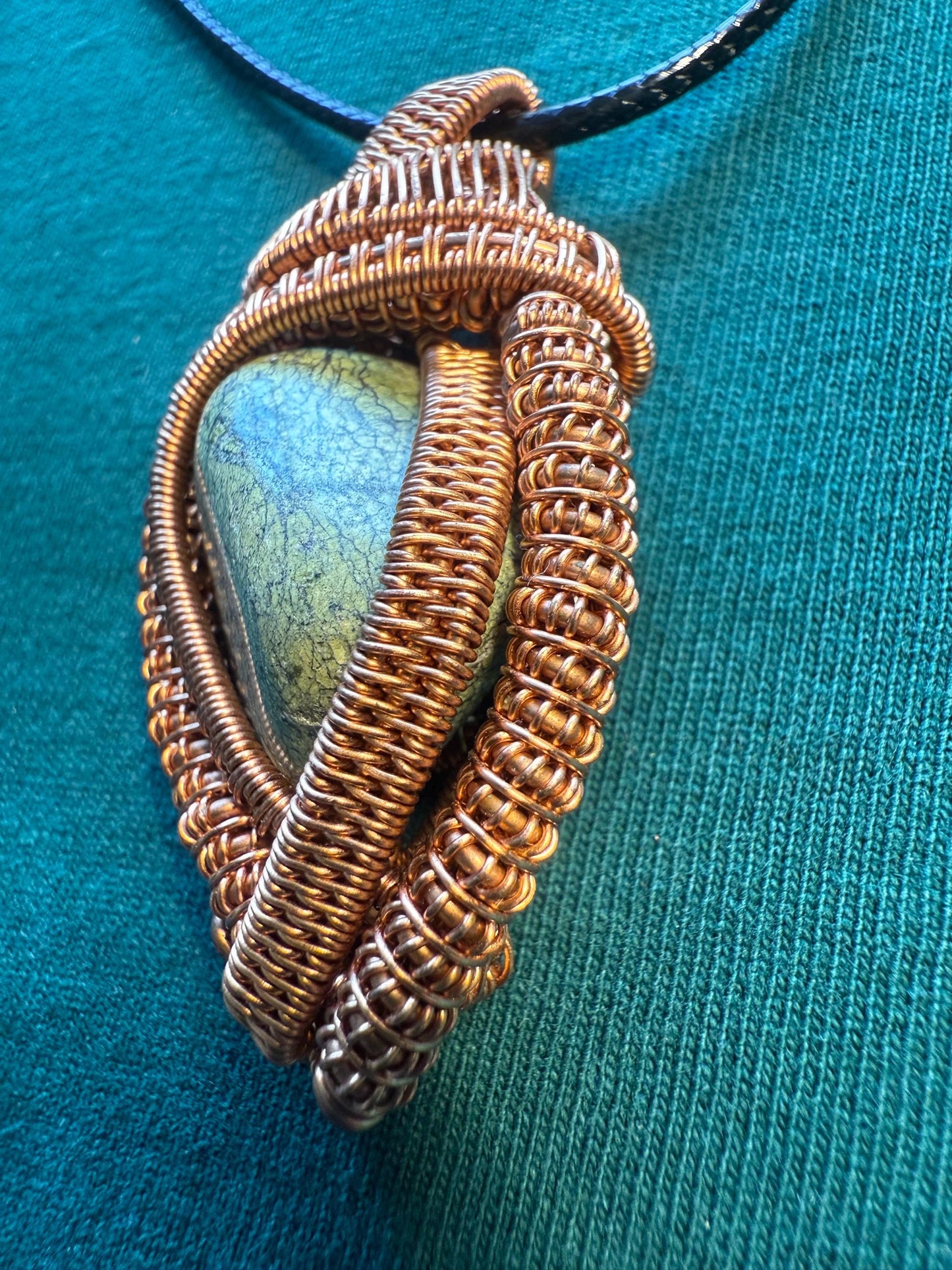 Handmade Copper Wire Wrapped Serpentine Pendant on Cord Necklace