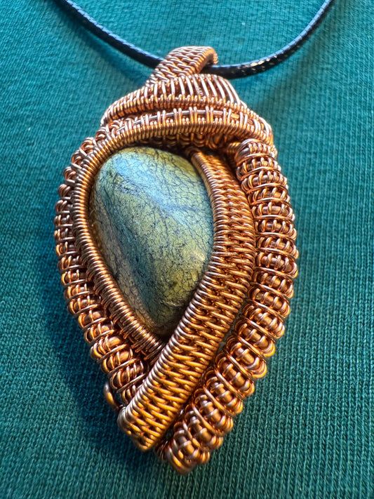Handmade Copper Wire Wrapped Serpentine Pendant on Cord Necklace