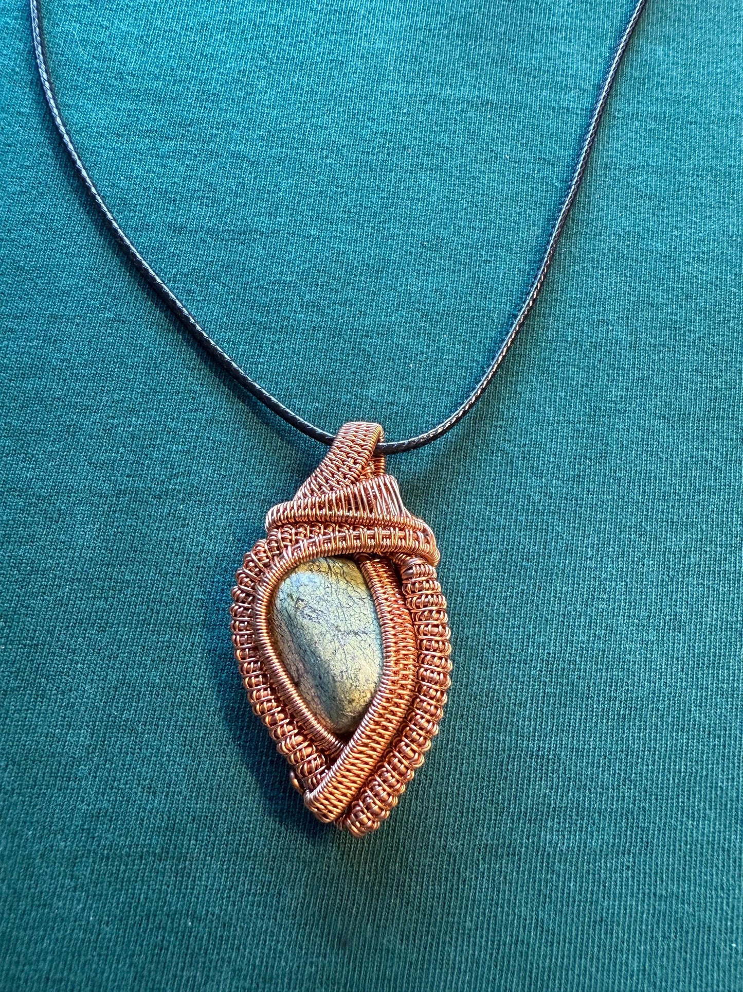 Handmade Copper Wire Wrapped Serpentine Pendant on Cord Necklace