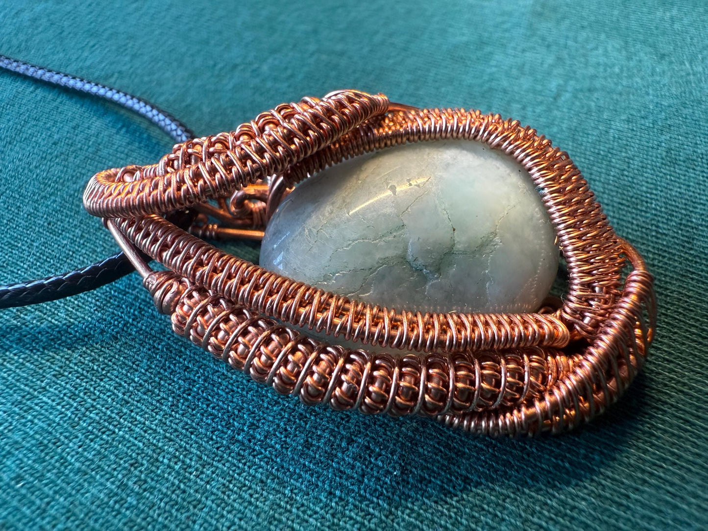 Handmade Copper Wire Wrapped Amazonite Pendant on Cord Necklace