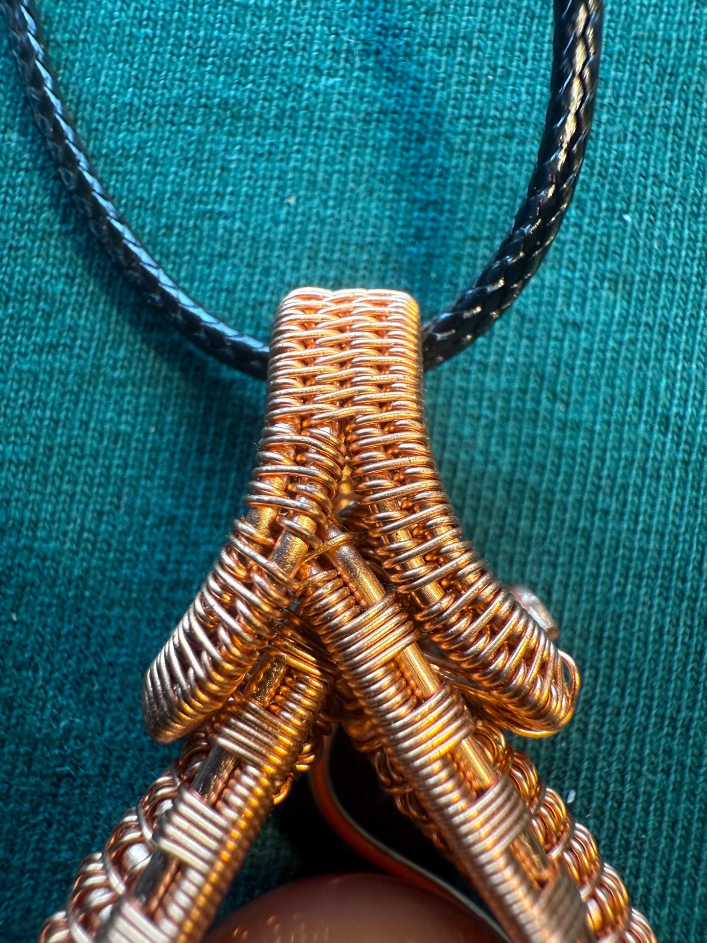 Handmade Copper Wire Wrapped Carnelian Pendant on Cord Necklace