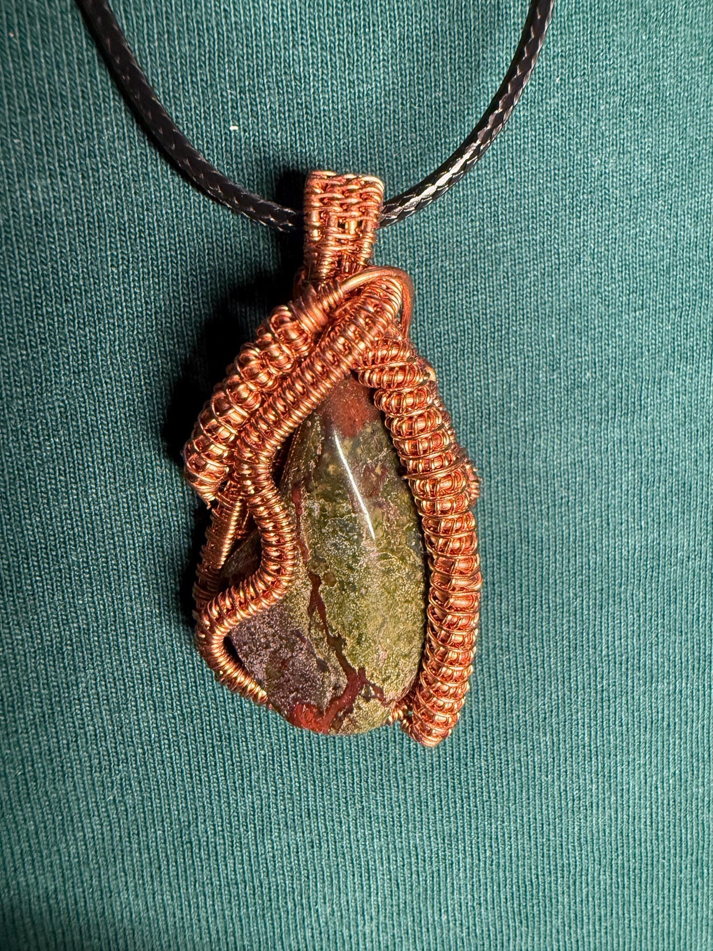 Handmade Copper Wire Wrapped Bloodstone Pendant on Cord Necklace