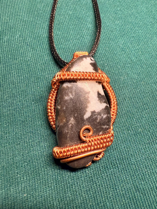 Handmade Copper Wire Wrapped Zebra Jasper Pendant on Cord Necklace