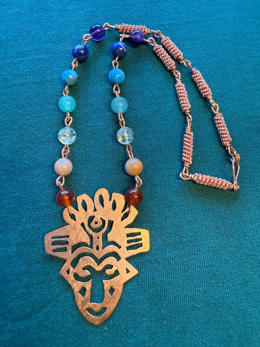 Hand-Cut Copper Mask with Chakra Bead Necklace